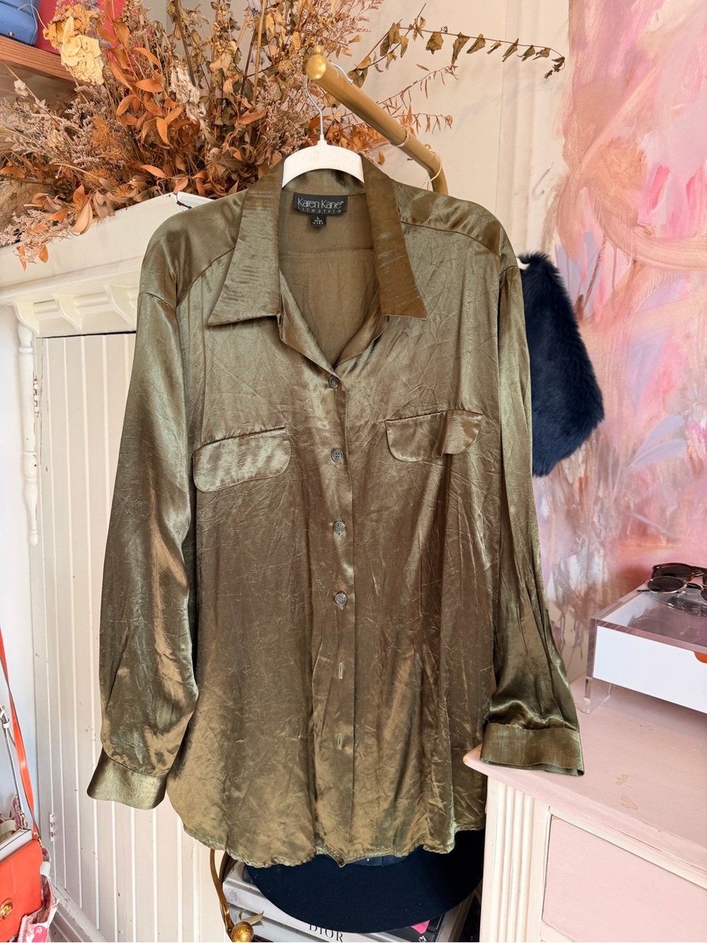 Karen Kane Olive Green Satin Button-Down Shirt
